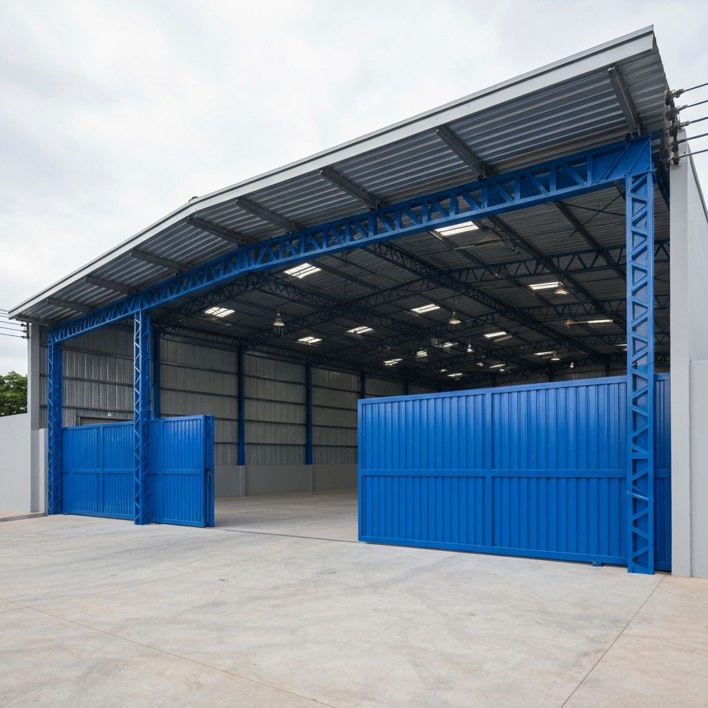 Galpão industrial médio no Brasil com estrutura metálica moderna e portões azuis