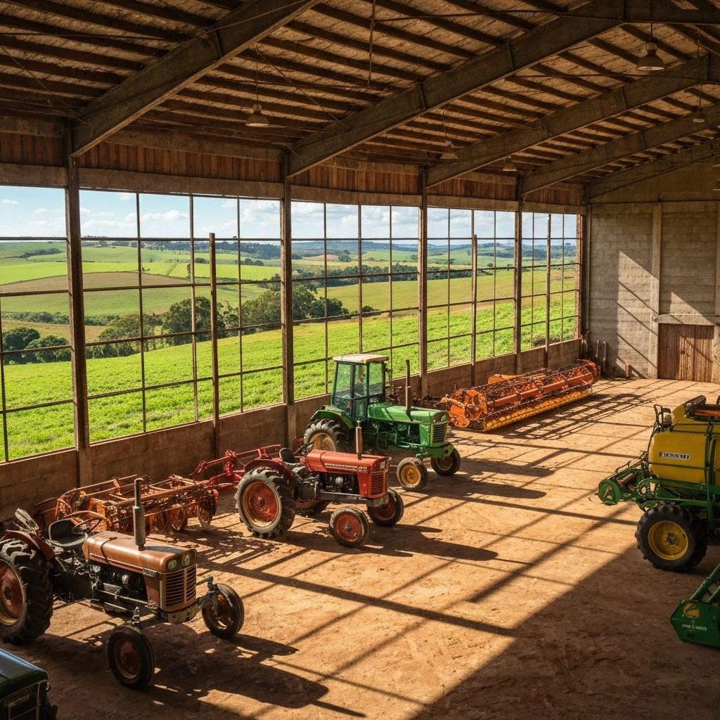 Galpão rural no Brasil com maquinário agrícola e ambiente ensolarado