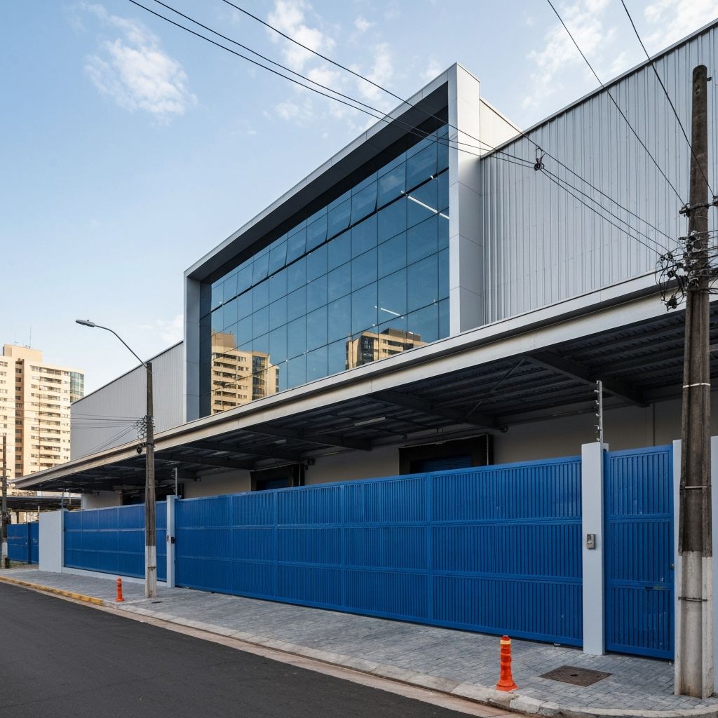 Galpão industrial médio no Brasil com estrutura metálica moderna e portões azuis