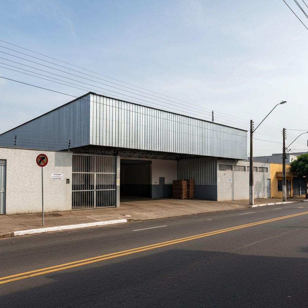 Galpão comercial com fachada simples e telhado metálico em área urbana brasileira